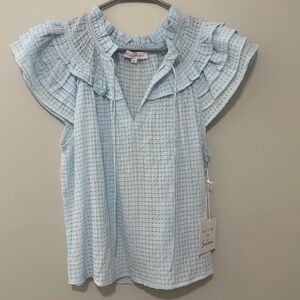 Meet Me in Santorini Blue Ruffle Top NWT